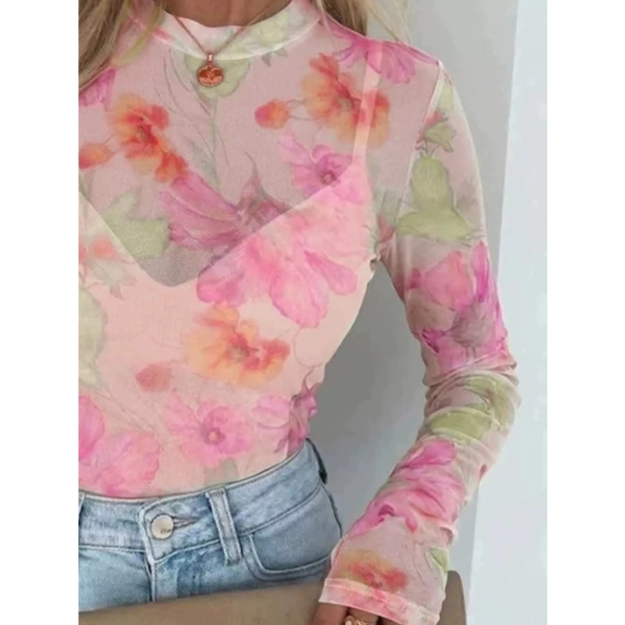 Full Size Floral Print Sheer Mesh Long Sleeve T-Shirt Plus Apparel and Accessories