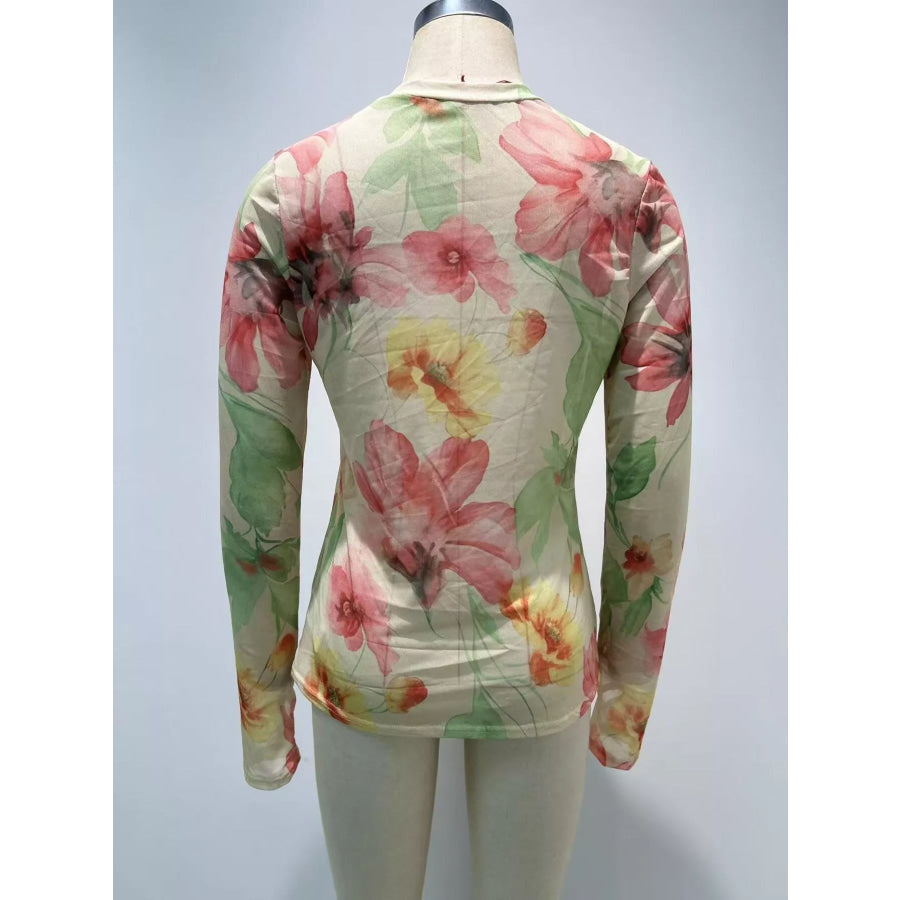 Full Size Floral Print Sheer Mesh Long Sleeve T-Shirt Plus Apparel and Accessories