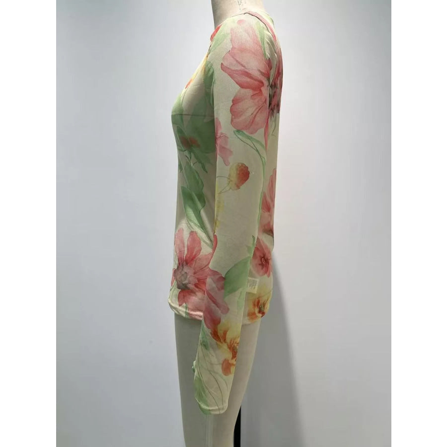 Full Size Floral Print Sheer Mesh Long Sleeve T-Shirt Plus Apparel and Accessories