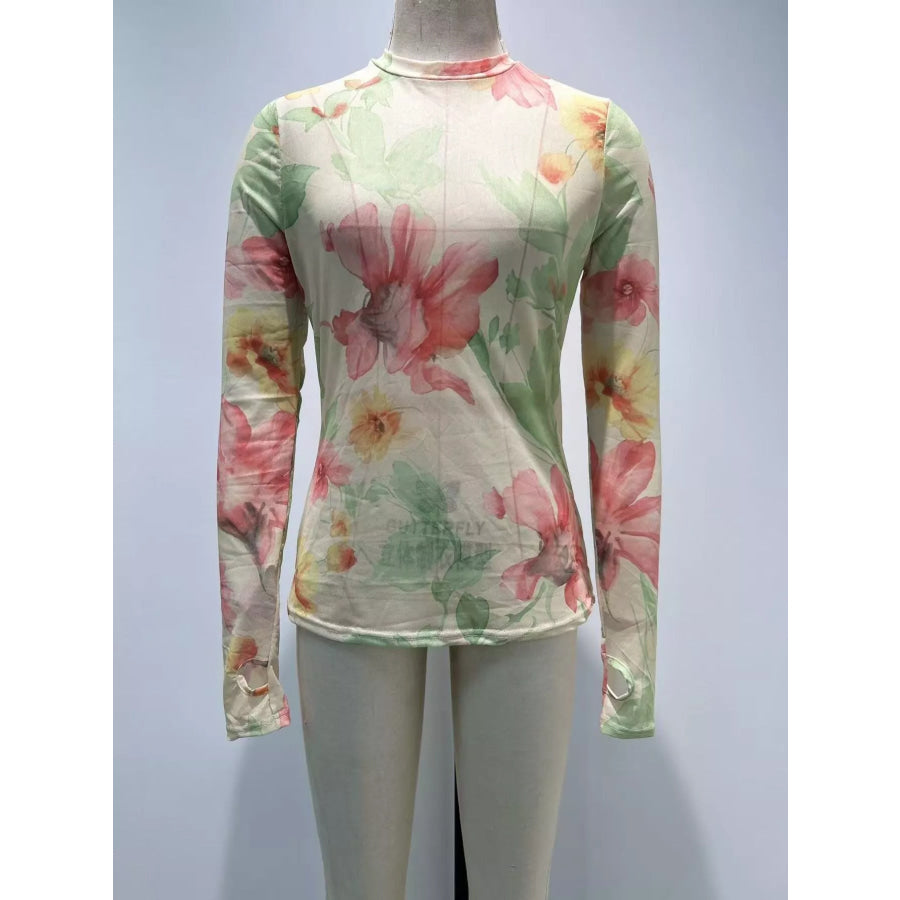 Full Size Floral Print Sheer Mesh Long Sleeve T-Shirt Plus Apparel and Accessories