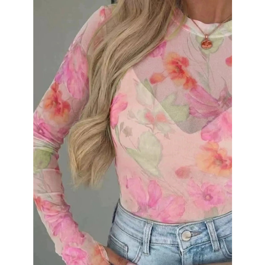 Full Size Floral Print Sheer Mesh Long Sleeve T-Shirt Plus Apparel and Accessories