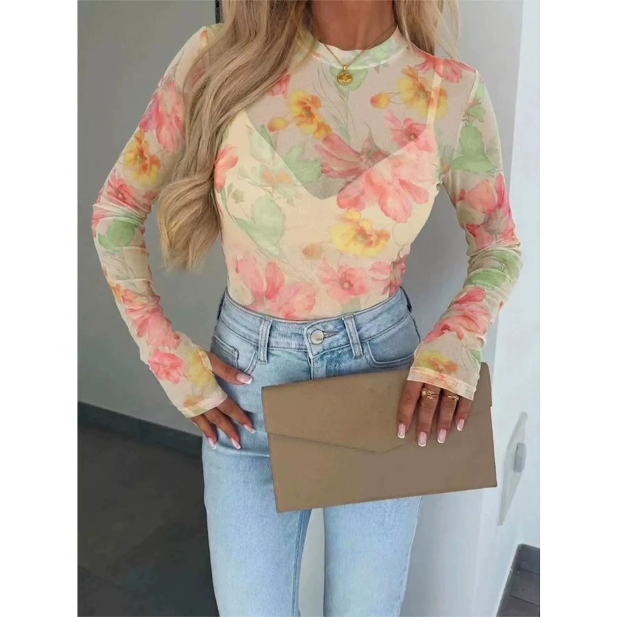 Full Size Floral Print Sheer Mesh Long Sleeve T-Shirt Plus Beige / S Apparel and Accessories