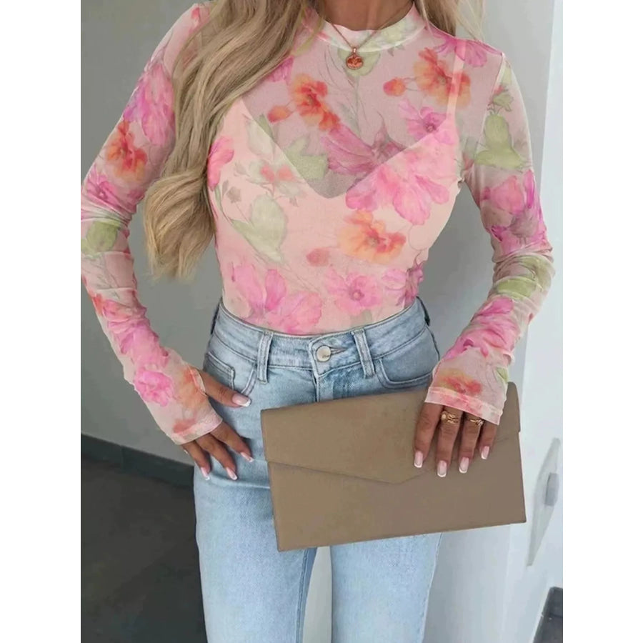 Full Size Floral Print Sheer Mesh Long Sleeve T-Shirt Plus Pink / S Apparel and Accessories