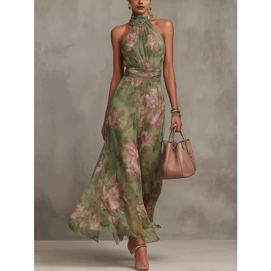Full Size Floral Print Sleeveless Maxi Dress Plus Size Green / XS Apparel and Accessories