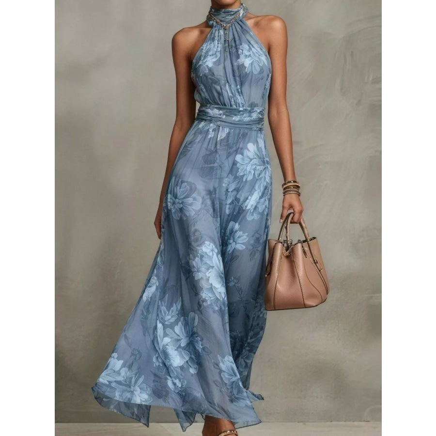 Full Size Floral Print Sleeveless Maxi Dress Plus Size Light Blue / XS Apparel and Accessories