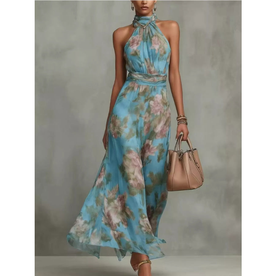Full Size Floral Print Sleeveless Maxi Dress Plus Size Peacock Blue / XS Apparel and Accessories