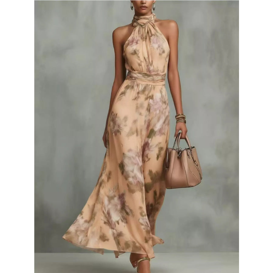 Full Size Floral Print Sleeveless Maxi Dress Plus Size Tan / XS Apparel and Accessories