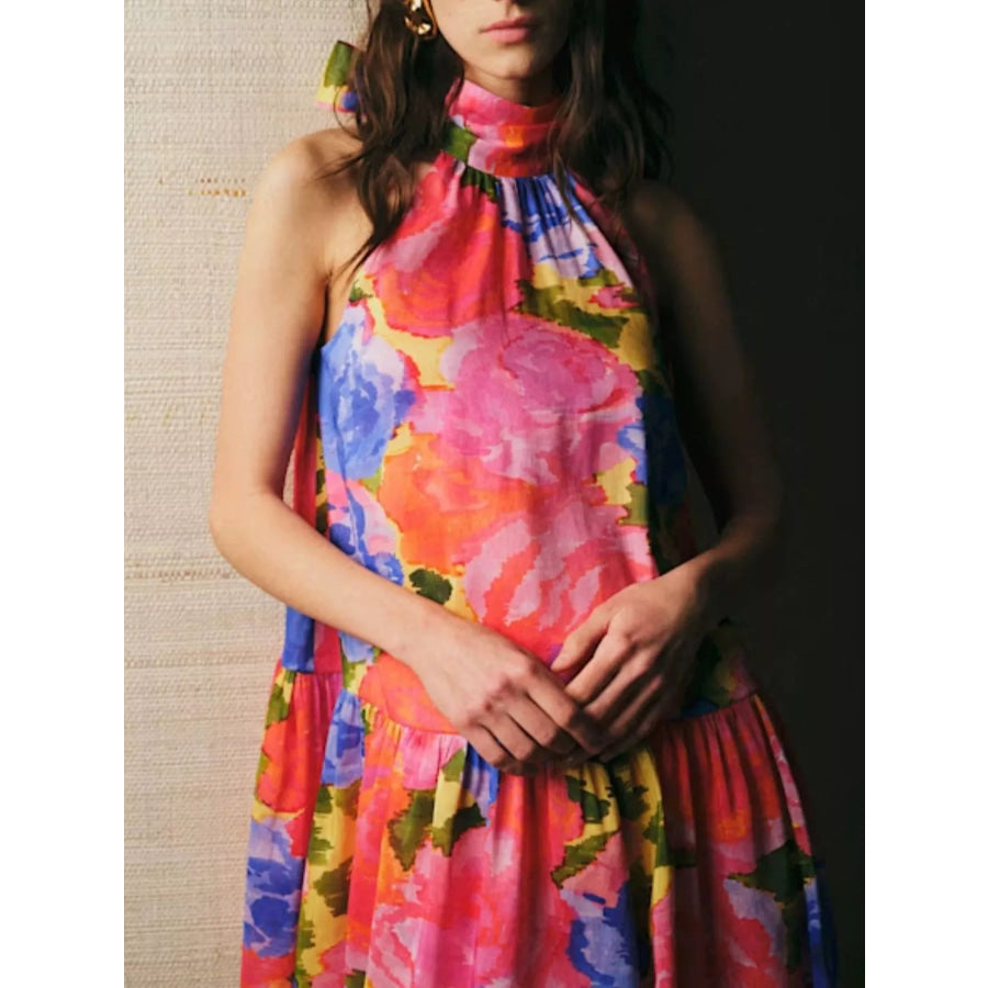 Full Size Floral Print Sleeveless Mini Dress Plus Hot Pink / S Apparel and Accessories