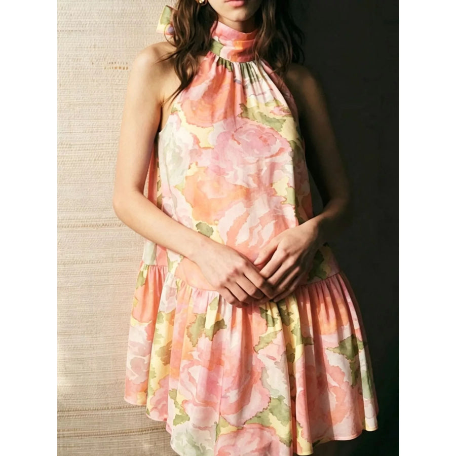 Full Size Floral Print Sleeveless Mini Dress Plus Apricot / S Apparel and Accessories