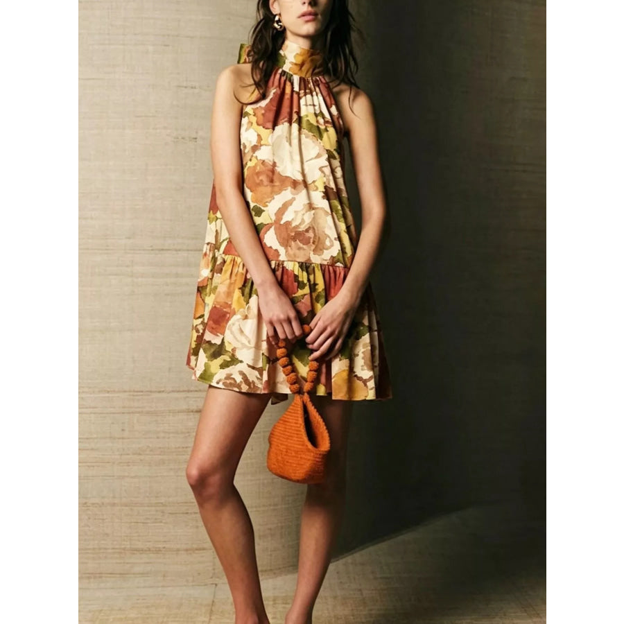 Full Size Floral Print Sleeveless Mini Dress Plus Camel / S Apparel and Accessories