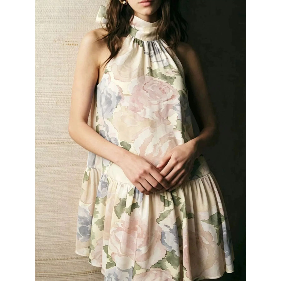 Full Size Floral Print Sleeveless Mini Dress Plus Cream / S Apparel and Accessories