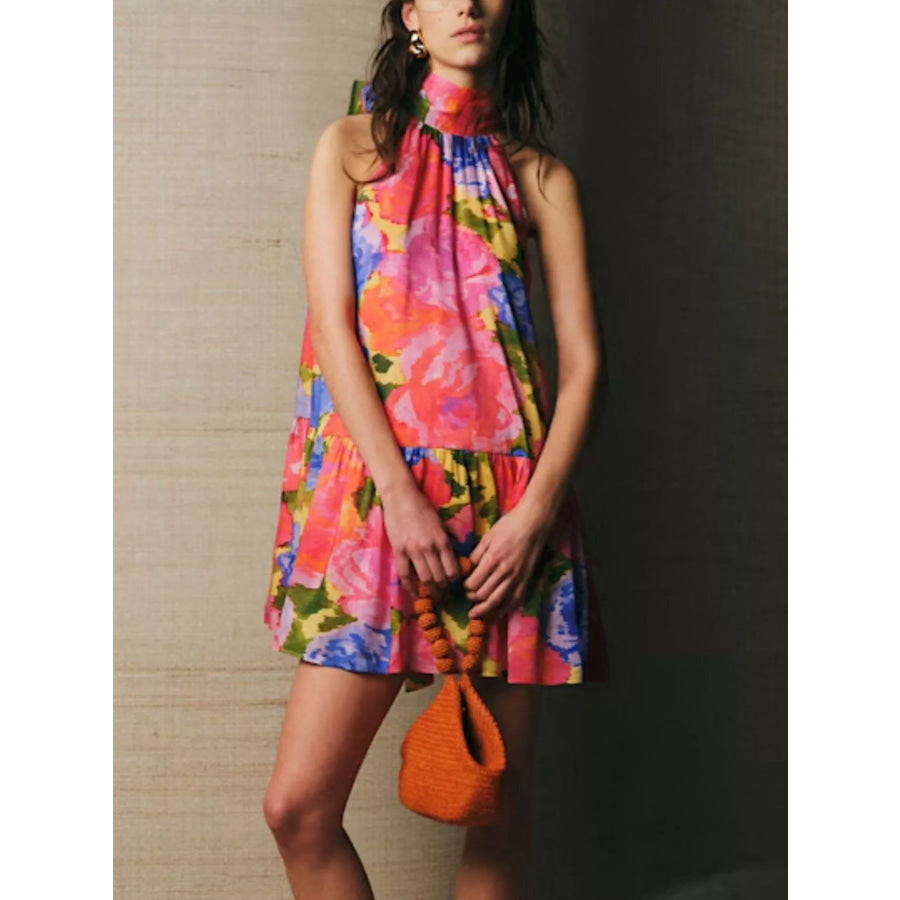 Full Size Floral Print Sleeveless Mini Dress Plus Hot Pink / S Apparel and Accessories