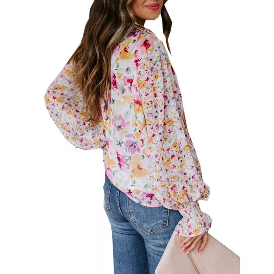 Full Size Floral Print Smocked Cuff Blouse Plus Size Apparel and Accessories