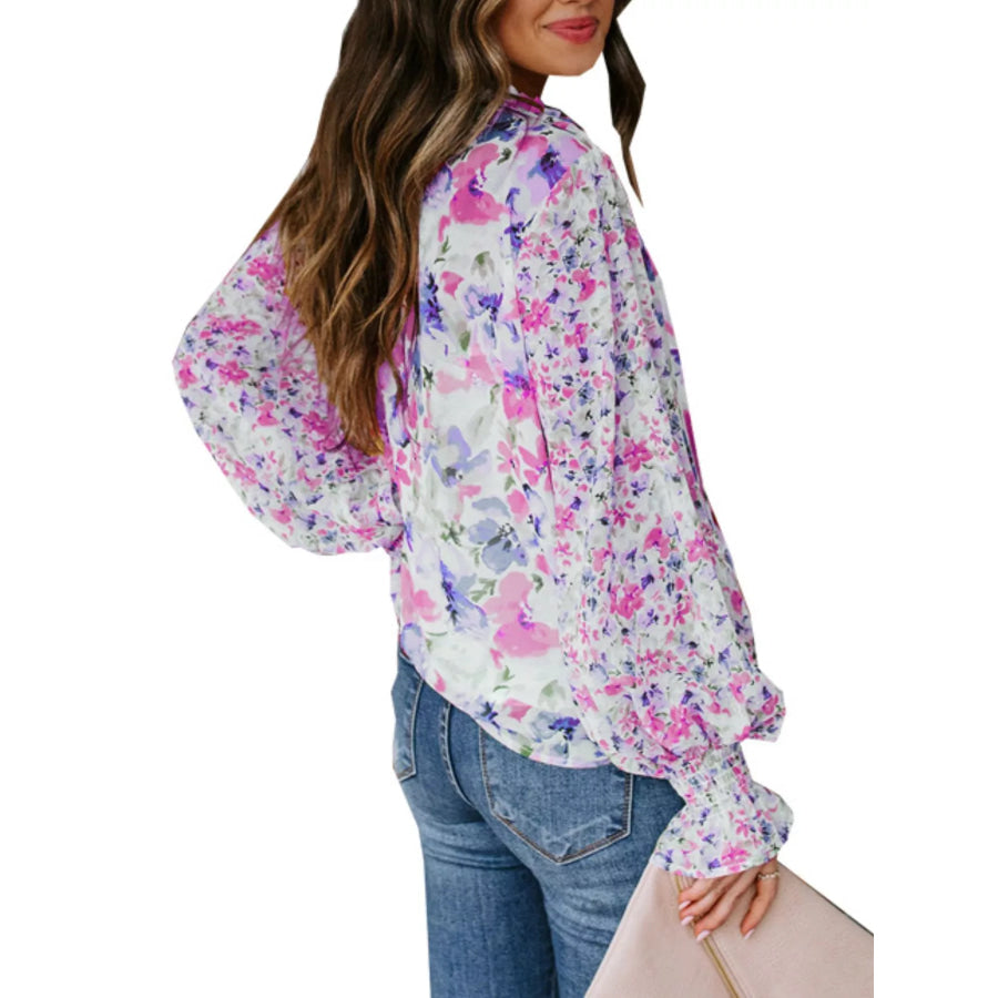 Full Size Floral Print Smocked Cuff Blouse Plus Size Apparel and Accessories