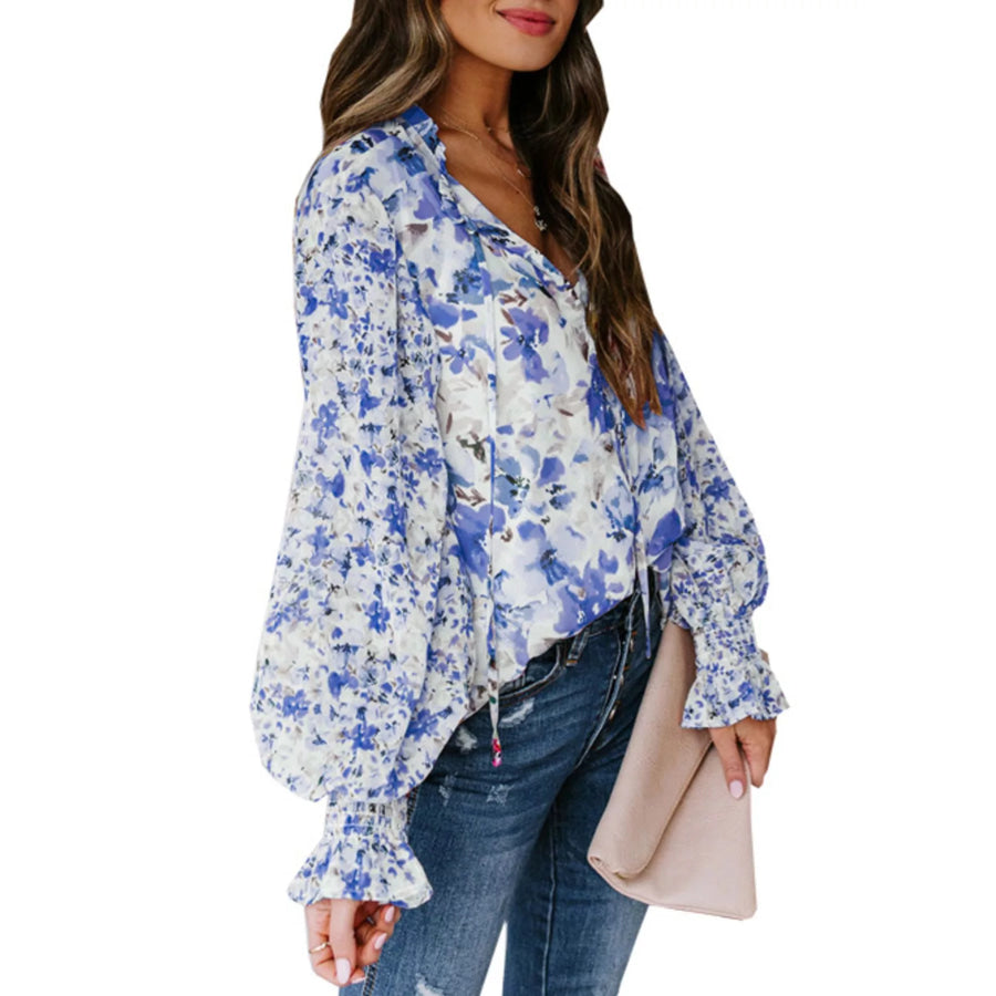 Full Size Floral Print Smocked Cuff Blouse Plus Size Apparel and Accessories