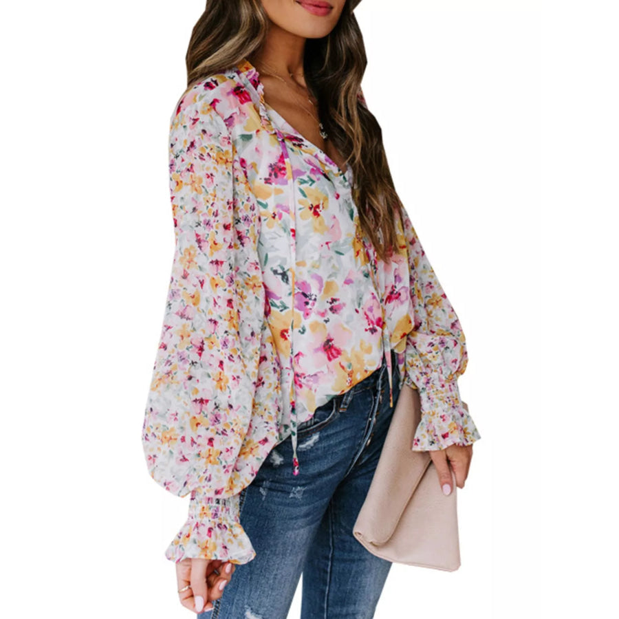 Full Size Floral Print Smocked Cuff Blouse Plus Size Apparel and Accessories