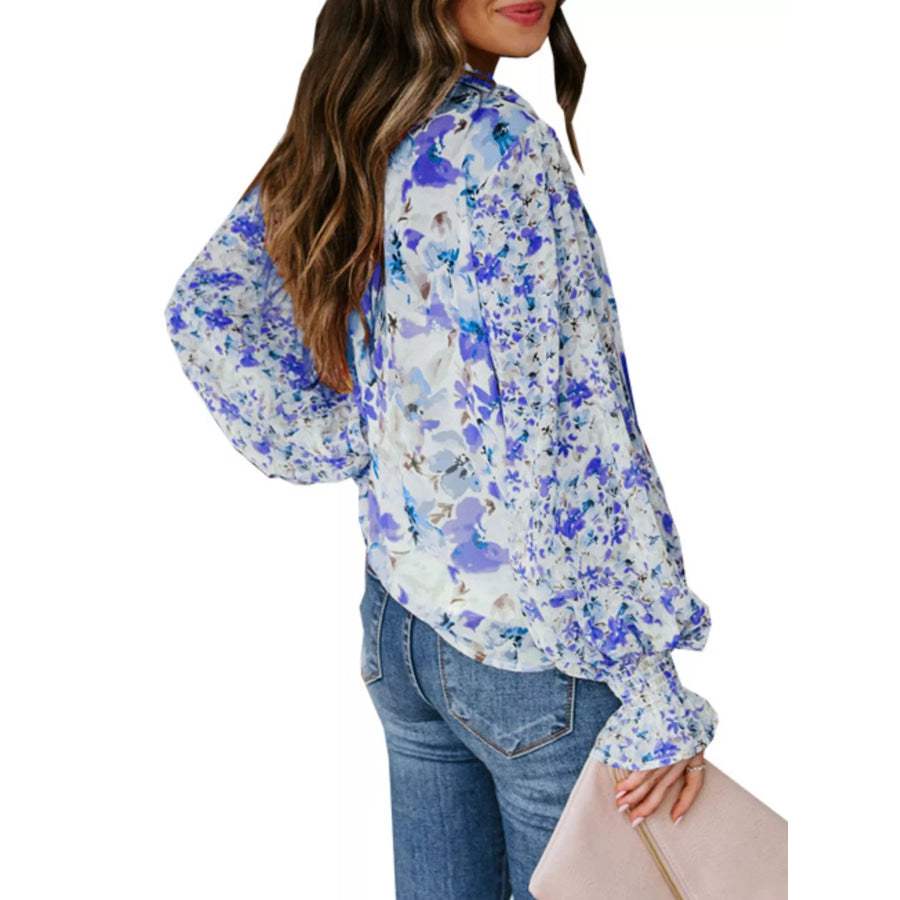 Full Size Floral Print Smocked Cuff Blouse Plus Size Apparel and Accessories