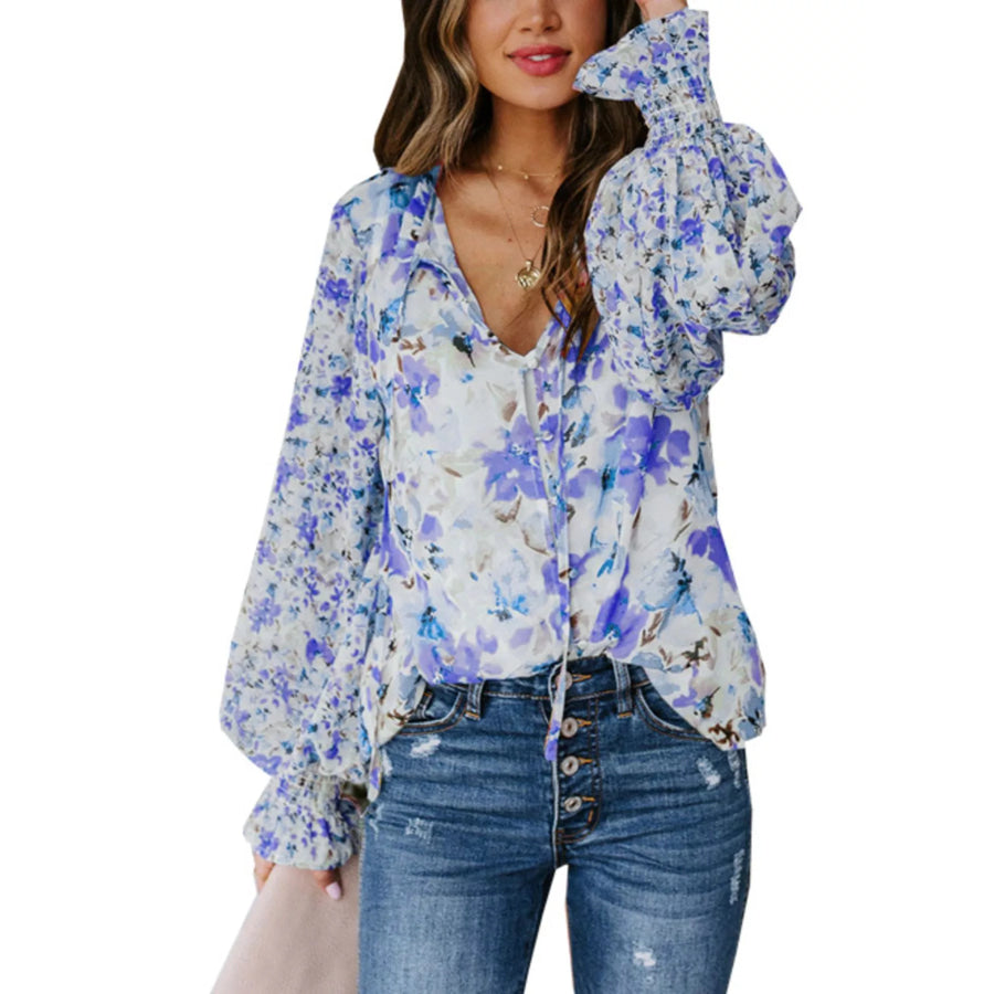 Full Size Floral Print Smocked Cuff Blouse Plus Size Blue / S Apparel and Accessories
