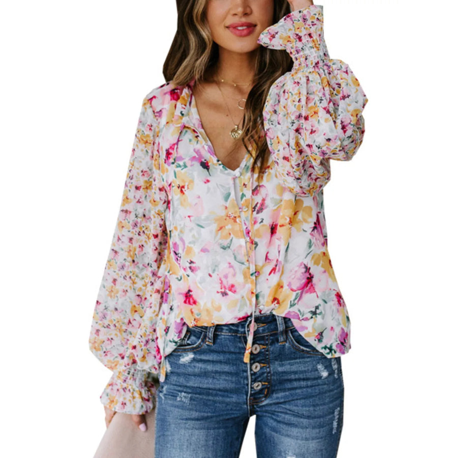 Full Size Floral Print Smocked Cuff Blouse Plus Size Pink / S Apparel and Accessories