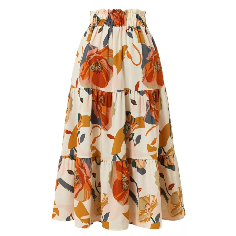 Full Size Floral Print Tiered Ruffle Midi Skirt Plus Size Apparel and Accessories