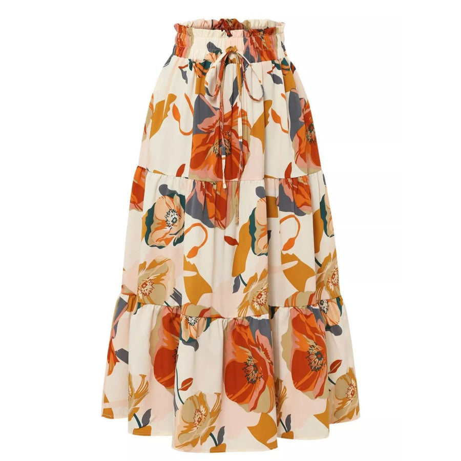 Full Size Floral Print Tiered Ruffle Midi Skirt Plus Size Floral / S Apparel and Accessories