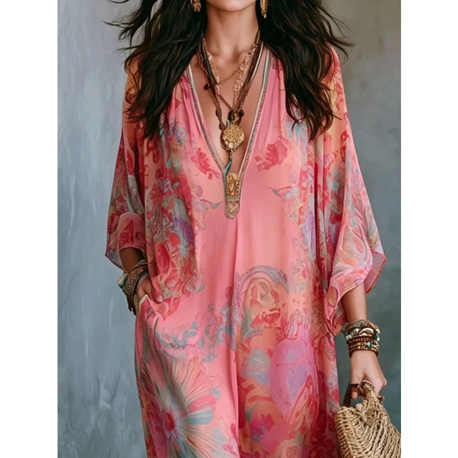 Full Size Floral Print V-Neck Maxi Dress Plus Apparel and Accessories