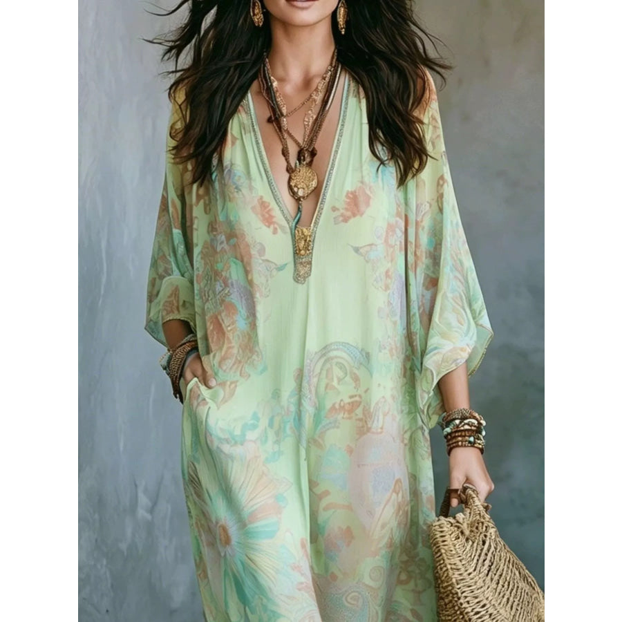 Full Size Floral Print V-Neck Maxi Dress Plus Apparel and Accessories