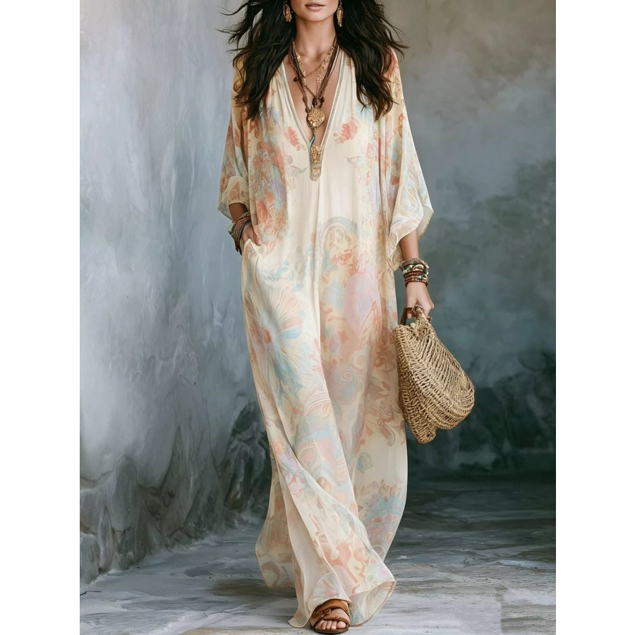 Full Size Floral Print V-Neck Maxi Dress Plus Beige / S Apparel and Accessories