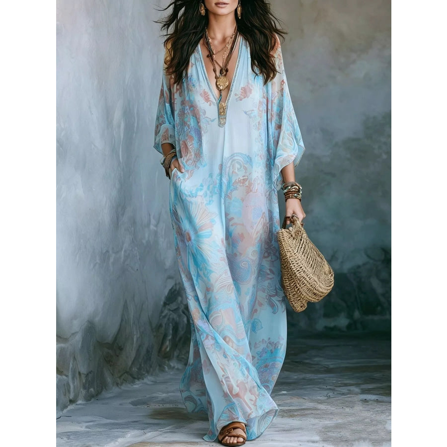 Full Size Floral Print V-Neck Maxi Dress Plus Blue / S Apparel and Accessories