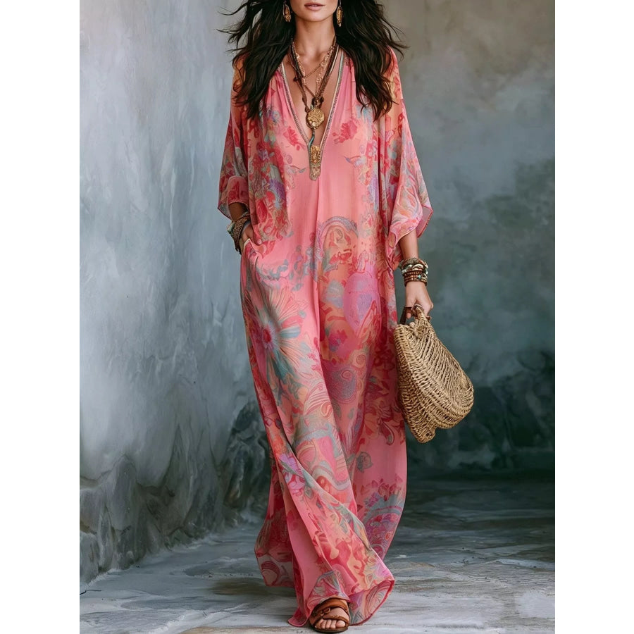 Full Size Floral Print V-Neck Maxi Dress Plus Fuchsia Pink / S Apparel and Accessories
