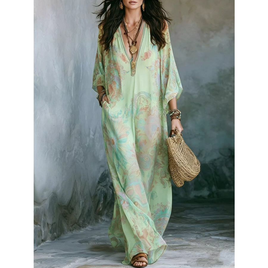 Full Size Floral Print V-Neck Maxi Dress Plus Green / S Apparel and Accessories