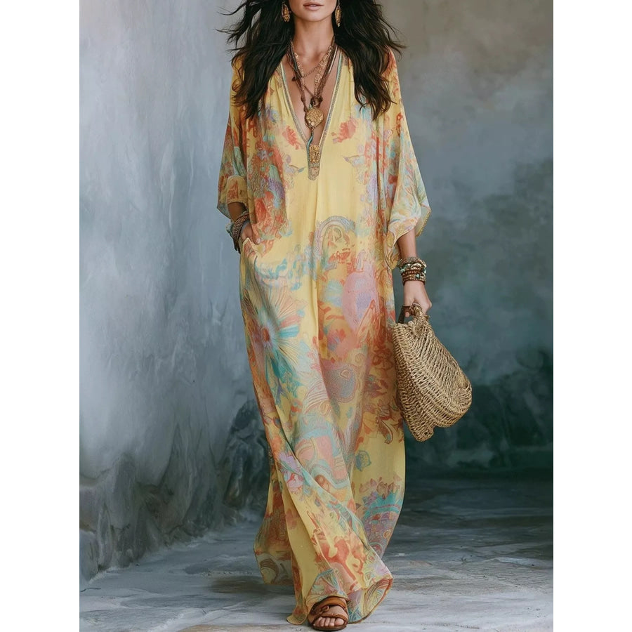 Full Size Floral Print V-Neck Maxi Dress Plus Yellow / S Apparel and Accessories