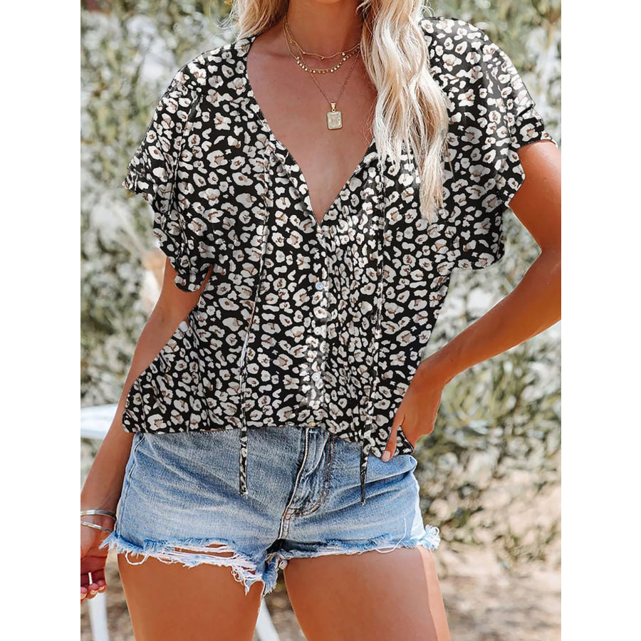 Full Size Floral Print V-Neck Shirt Plus Size Black / S Apparel and Accessories