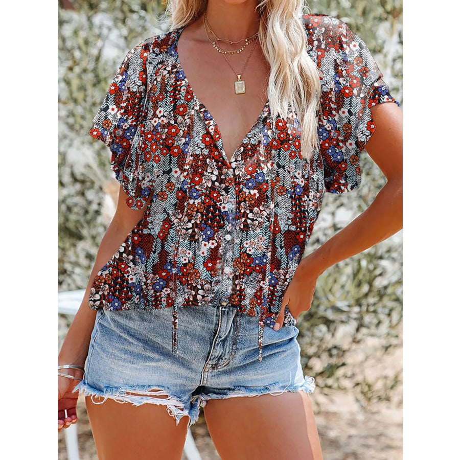 Full Size Floral Print V-Neck Shirt Plus Size Color / S Apparel and Accessories
