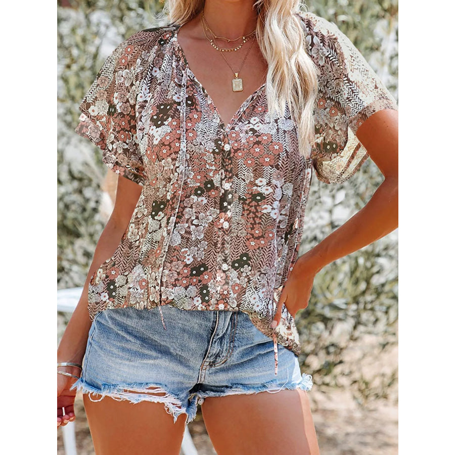 Full Size Floral Print V-Neck Shirt Plus Size Khaki / S Apparel and Accessories