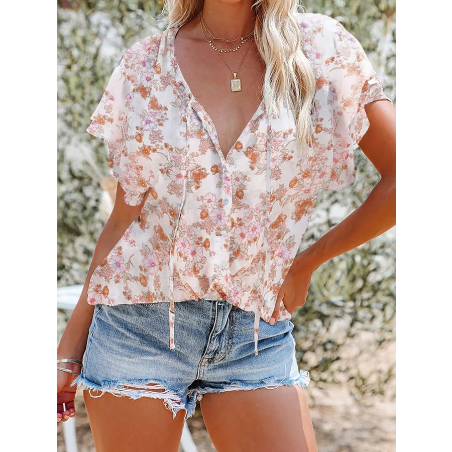 Full Size Floral Print V-Neck Shirt Plus Size Pink / S Apparel and Accessories