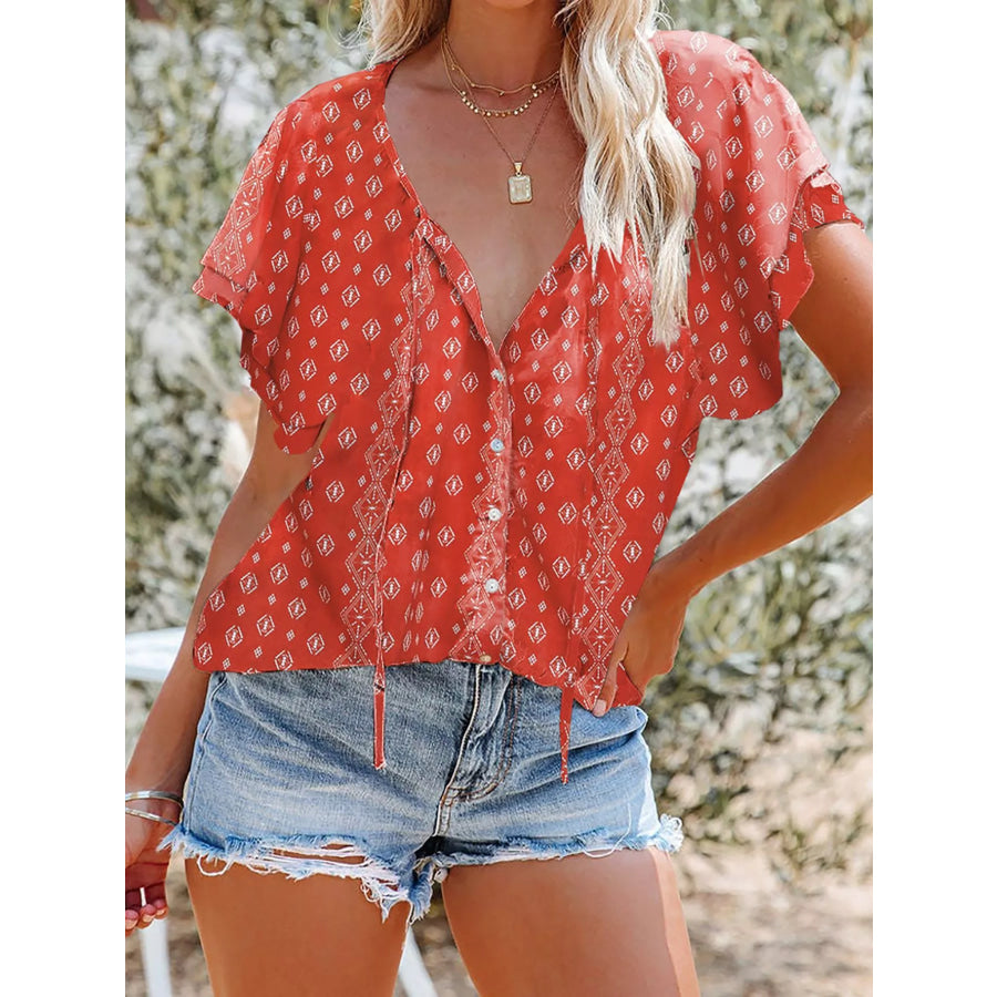 Full Size Floral Print V-Neck Shirt Plus Size Red / S Apparel and Accessories