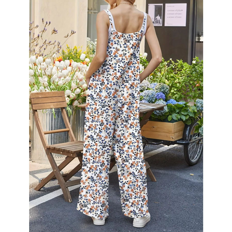 Full Size Floral Print Wide Leg Casual Jumpsuit Plus Size Apparel and Accessories