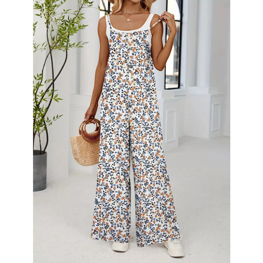 Full Size Floral Print Wide Leg Casual Jumpsuit Plus Size Apparel and Accessories