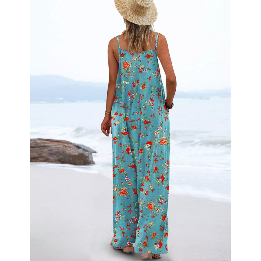 Full Size Floral Print Wide Leg Casual Jumpsuit Plus Size Apparel and Accessories