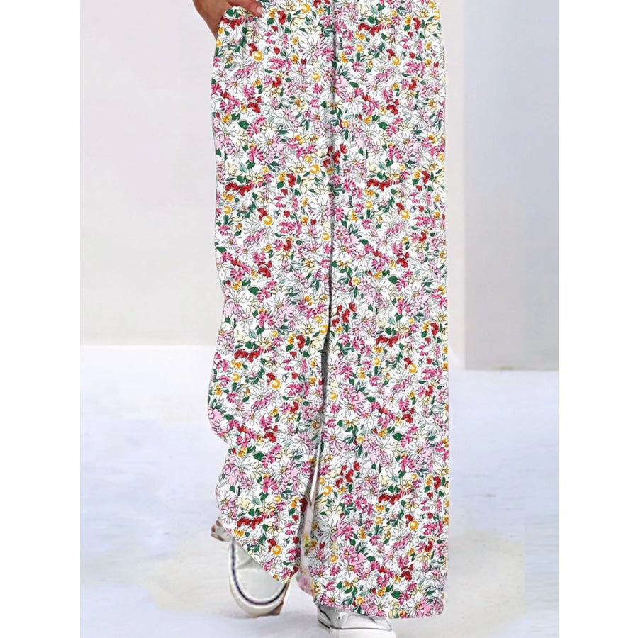 Full Size Floral Print Wide Leg Casual Jumpsuit Plus Size Apparel and Accessories