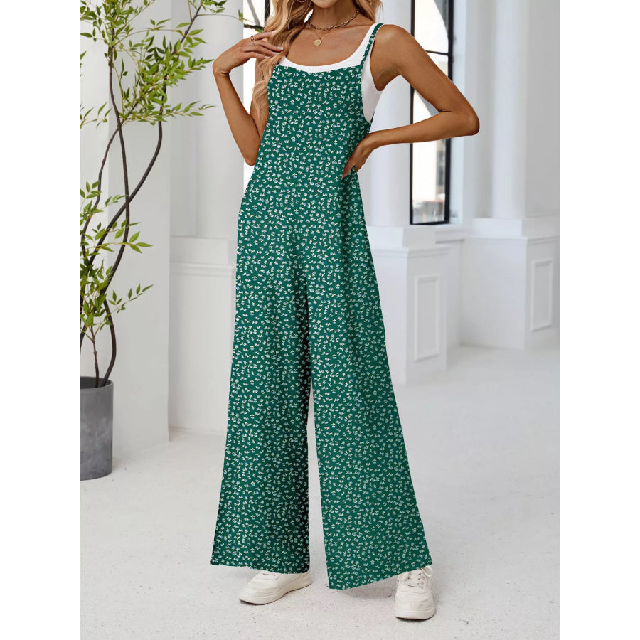 Full Size Floral Print Wide Leg Casual Jumpsuit Plus Size Deep Teal / S Apparel and Accessories