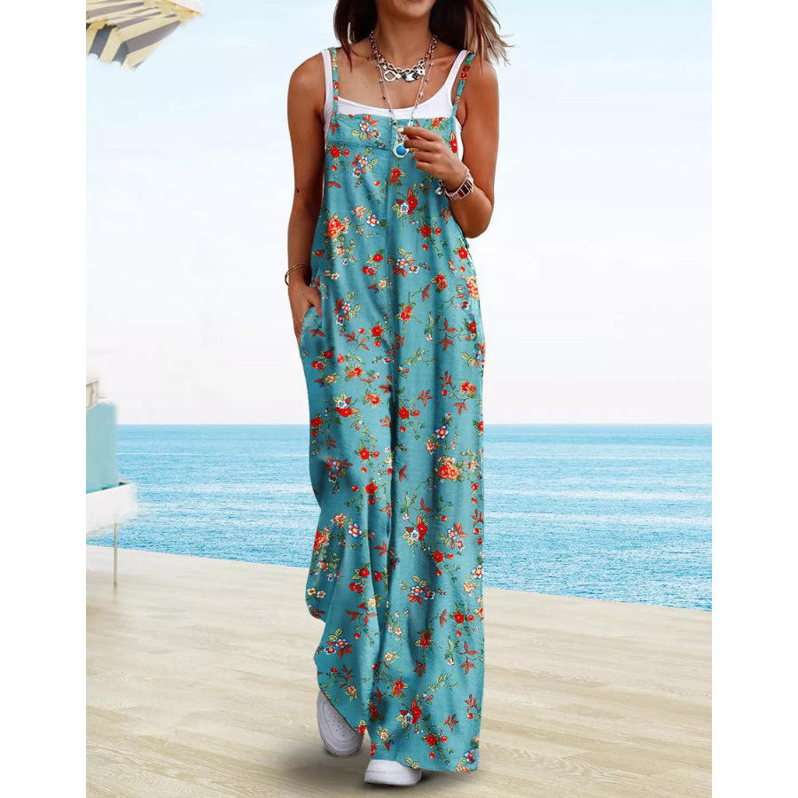 Full Size Floral Print Wide Leg Casual Jumpsuit Plus Size Green / S Apparel and Accessories