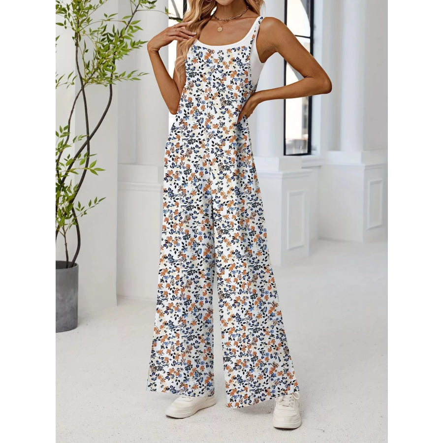Full Size Floral Print Wide Leg Casual Jumpsuit Plus Size Yellow / S Apparel and Accessories