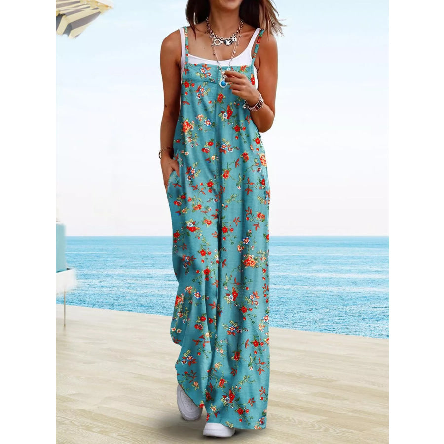 Full Size Floral Print Wide Leg Spaghetti Strap Overalls Plus Size Apparel and Accessories