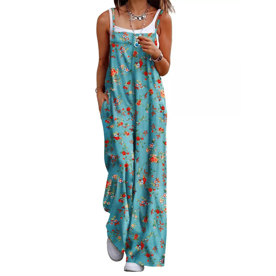 Full Size Floral Print Wide Leg Spaghetti Strap Overalls Plus Size Green / S Apparel and Accessories