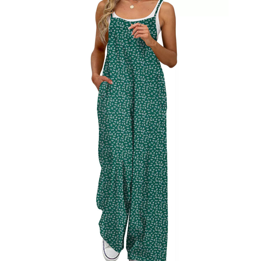 Full Size Floral Print Wide Leg Spaghetti Strap Overalls Plus Size Green Floral Print / S Apparel and Accessories