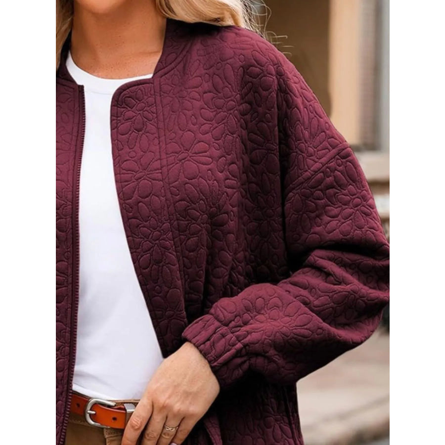Full Size Floral Quilted Zip Up Jacket Plus Size Apparel and Accessories