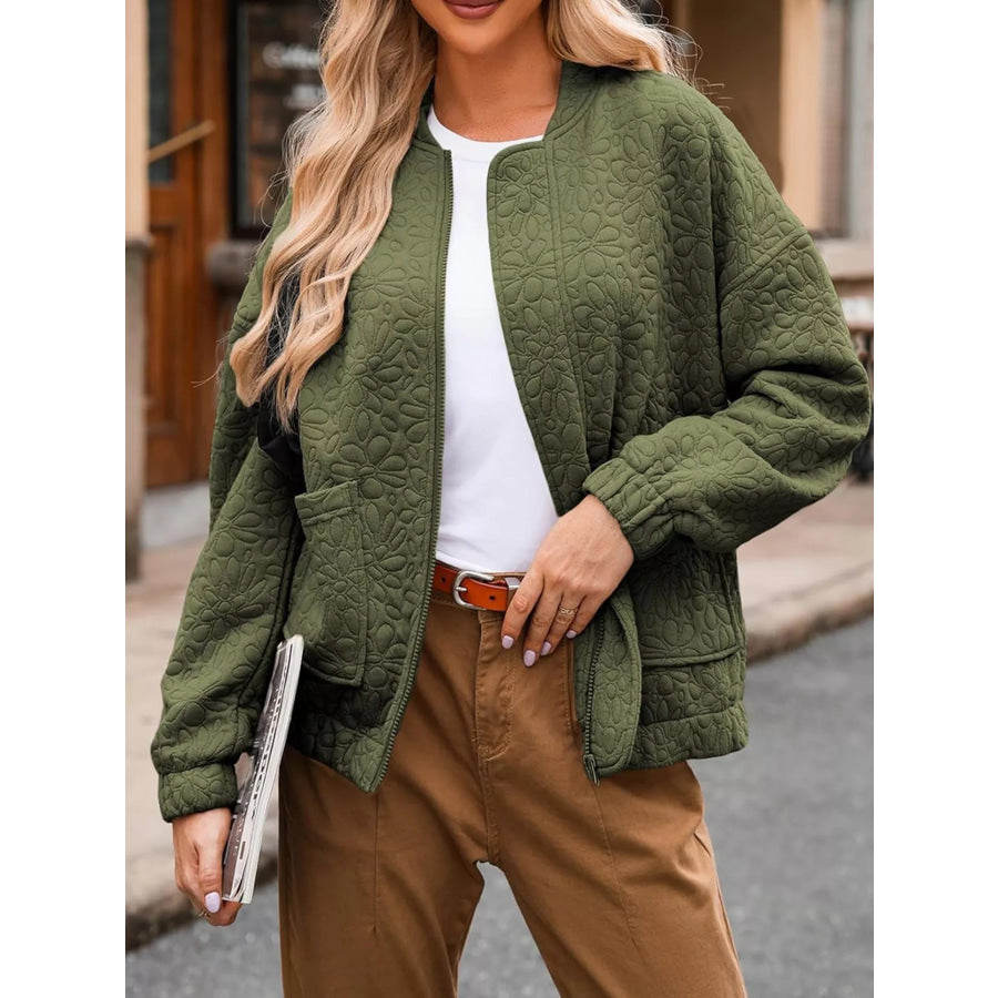 Full Size Floral Quilted Zip Up Jacket Plus Size Olive Green / S Apparel and Accessories