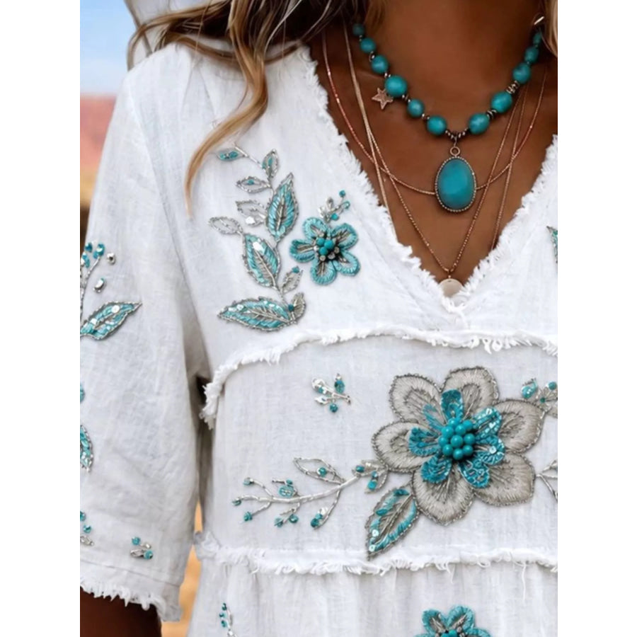 Full Size Floral Raw Hem V-Neck Blouse Plus Apparel and Accessories